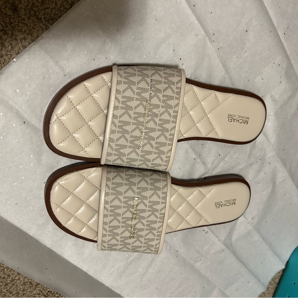 Michael Kors Cream and Brown Slide Sandals